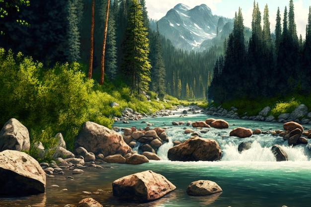 Felsiger Gebirgsfluss, der zwischen Felsen und grünen Wäldern fließt