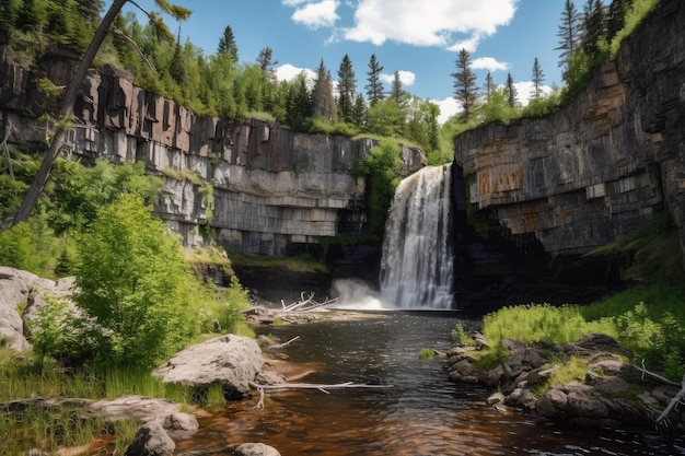 Felsklippe mit Wasserfall und Waldoase im Hintergrund