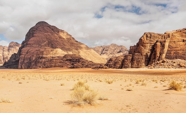 Felsmassive auf roter Sandwüste, wenige trockene Grashaufen, bewölkter Himmel im Hintergrund, typische Landschaft im Wadi Rum, Jordanien