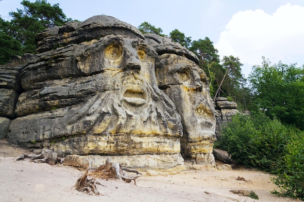 Felsskulpturen aus Sandstein Devils Heads in der Nähe von Zelizy Tschechische Republik