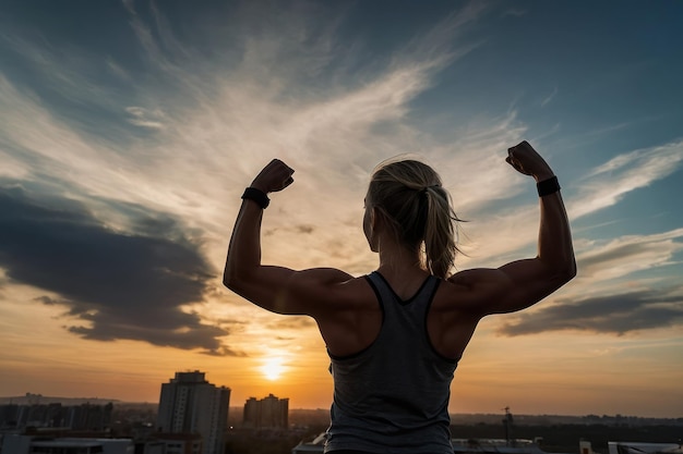 Foto female athlete power pose at sunset