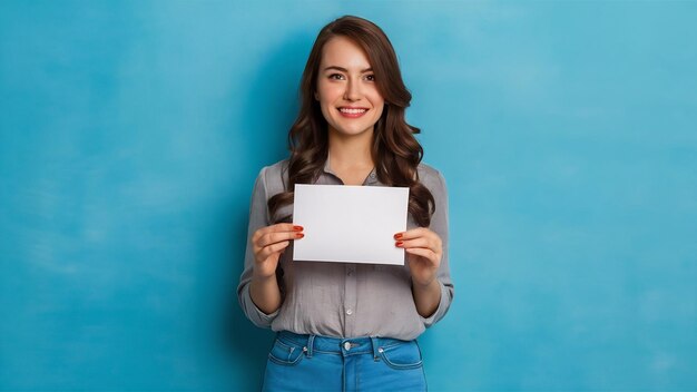 Foto female in grey shirt and bright blue jeans holding white card