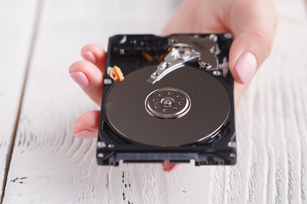 Fêmea com um disco rígido hdd nas mãos