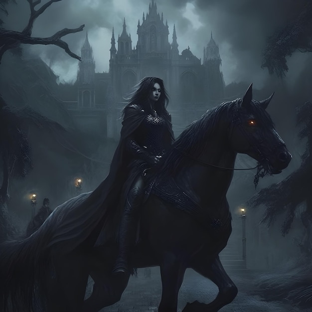 Foto fêmea de cavaleiro medieval em uma vibração escura de cavalo