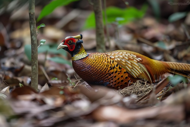 Fêmea de faisão dourado nidificando no chão da floresta