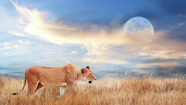 Fêmea de leão na savana africana Moonlight paisagem africana África Tanzânia Parque Nacional Serengeti Vida selvagem da África