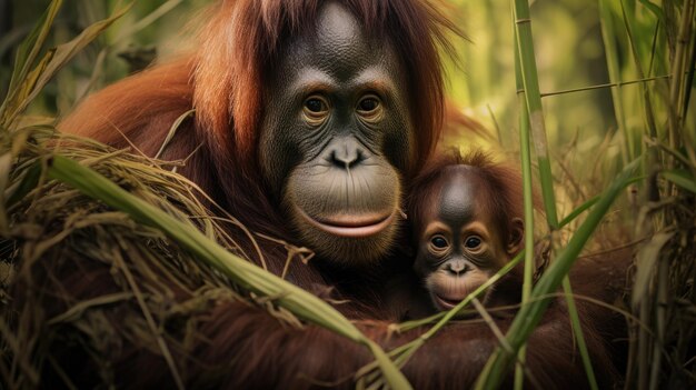 Fêmea de orangotango com um bebê em um mato de grama