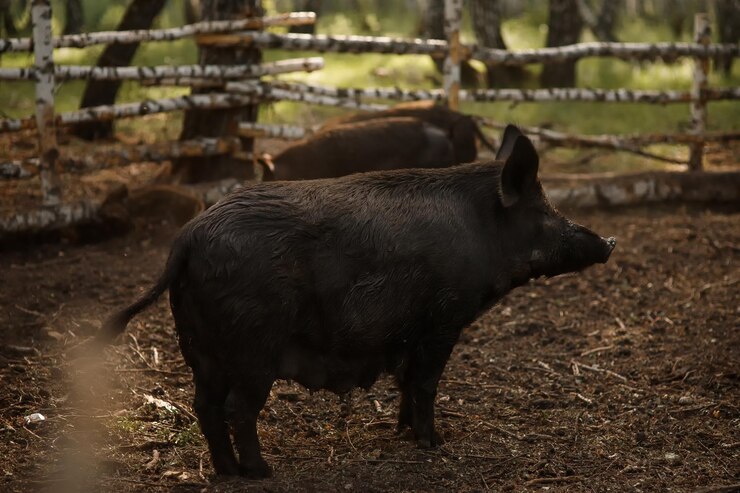 Foto fêmea de porco preto vietnamita em uma fazenda