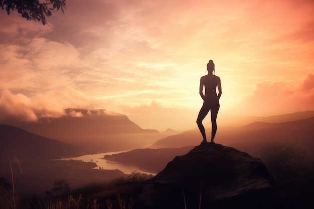 Fêmea em pose de ioga contra uma paisagem por do sol generativa ai