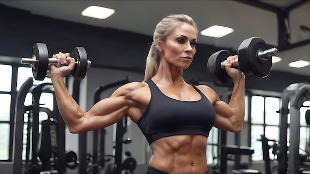 Femenina culturista entrenando bíceps con pesas