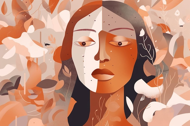 Feminidad feminismo concepto de salud mental femenina Rostro femenino abstracto y hojas de plantas ilustración en paleta marrón IA generativa