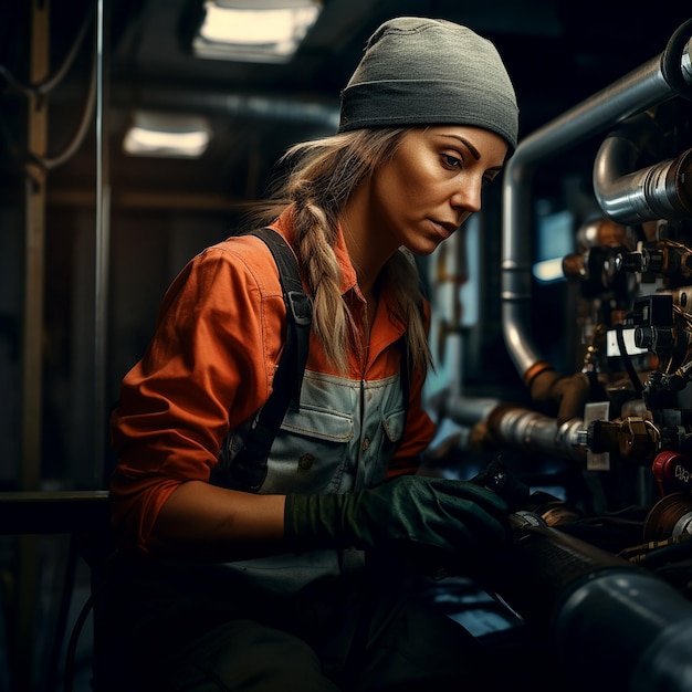 Feminina encanadora trabalhando perto de tubos metálicos
