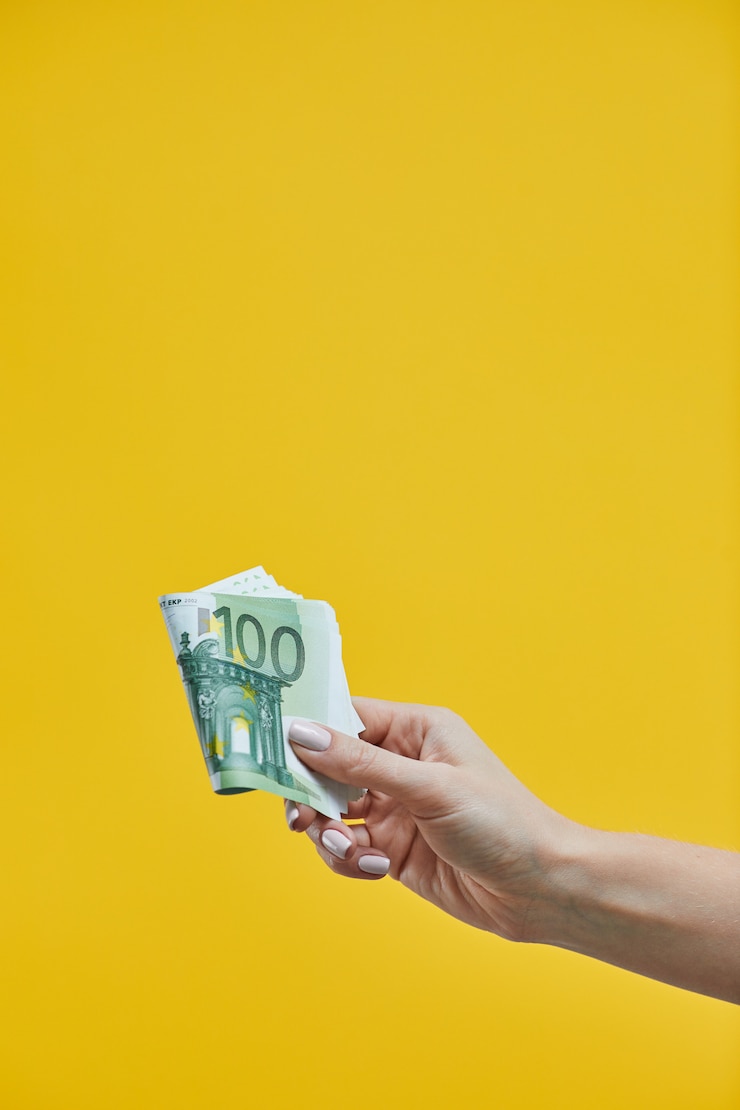 Femininas mãos segurando as notas de euro