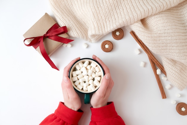 Femininas mãos segurando uma xícara de chocolate quente com marshmallow