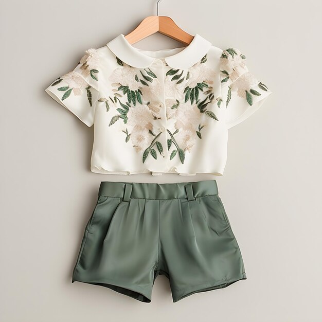 Feminine Bebe Kids Ensemble Conjunto de blusa blanca con bordado en relieve y pantalones cortos florales