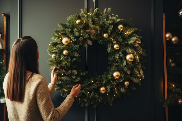 Feminino decora para o Natal Jovem mulher com roupas quentes penduradas guirlanda de Natal de abeto na parede