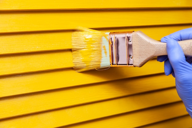 Feminino mão na luva de borracha com pincel pintura porta de madeira com tinta amarela