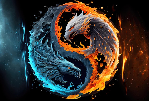 Fênix de Fogo e Dragão de Gelo no Yin e Yang em fundo escuro Conceito de símbolo abstrato e contraste IA generativa