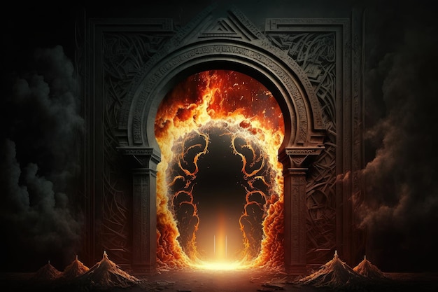 Foto fenômeno extremo em forma de portal ou portão para o inferno com chamas