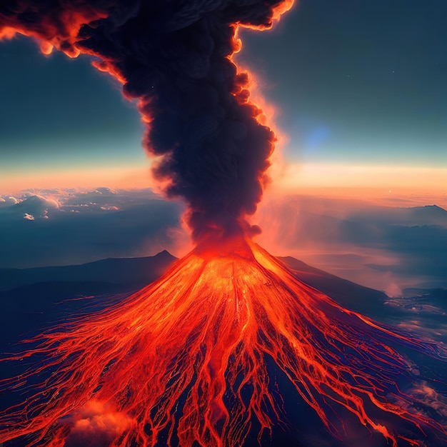 Fenómeno natural enorme erupción volcánica que fluye flujos de lava ilustración generada por Ai