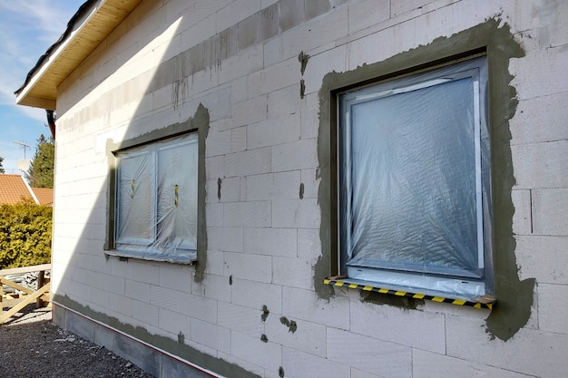 Fenster eines Hauses im Bau bedeckt mit schützender Plastikfolie.