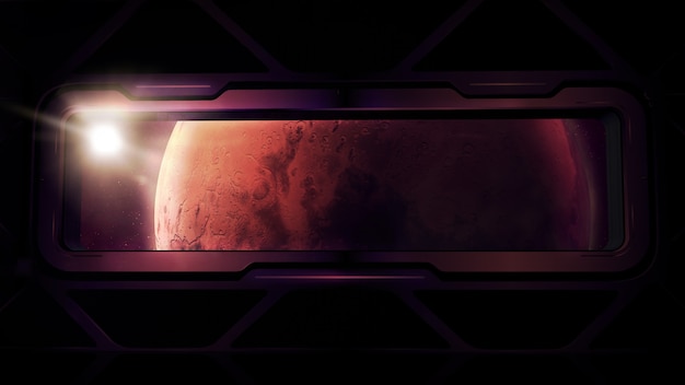 Foto fenster eines raumschiffs mit blick auf den mars-planeten