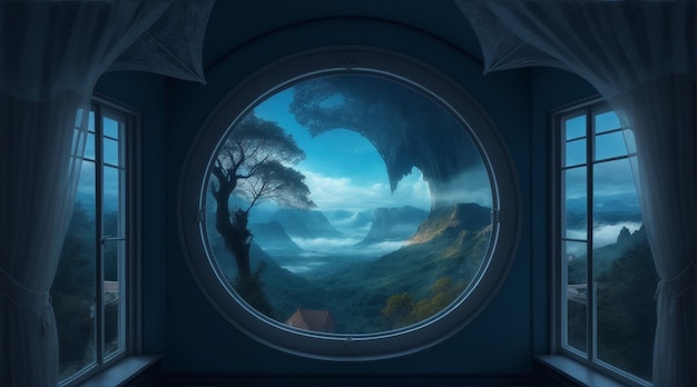 Fenster im Raum mit surrealistischer und mystischer Aussicht.