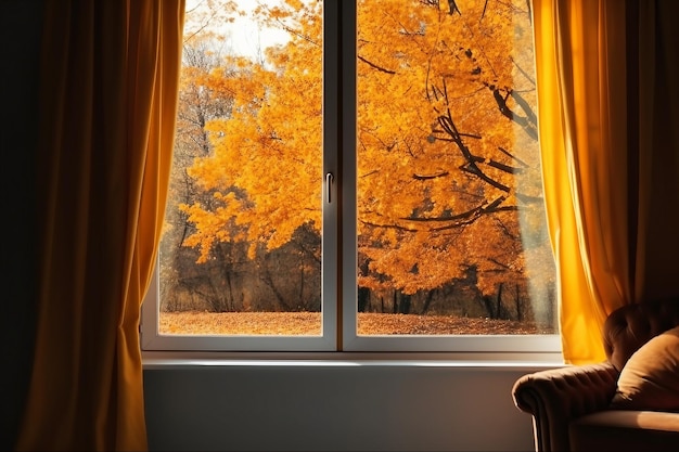 Fenster im Zimmer mit Blick auf den Herbstpark mit Herbstblättern auf dem Baumherbstkonzept