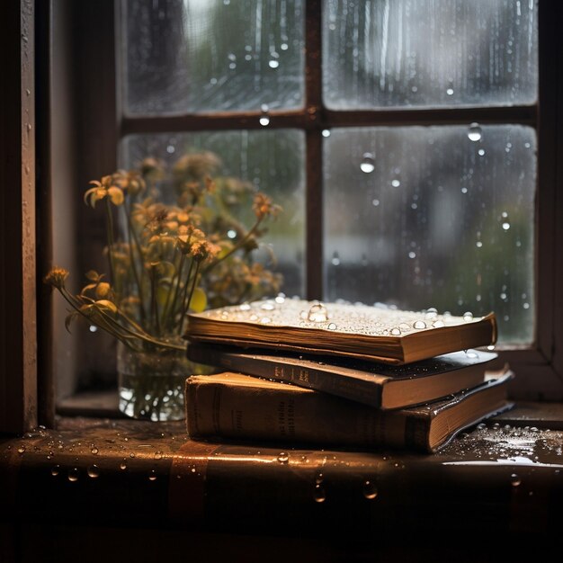 Fenster mit Regentropfen und einfallsreicher Ansicht Bücher auf dem Tisch Thema des Buchtages Weltbuchtages