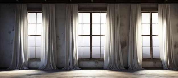 Fenster mit Vorhängen in einem verlassenen Haus