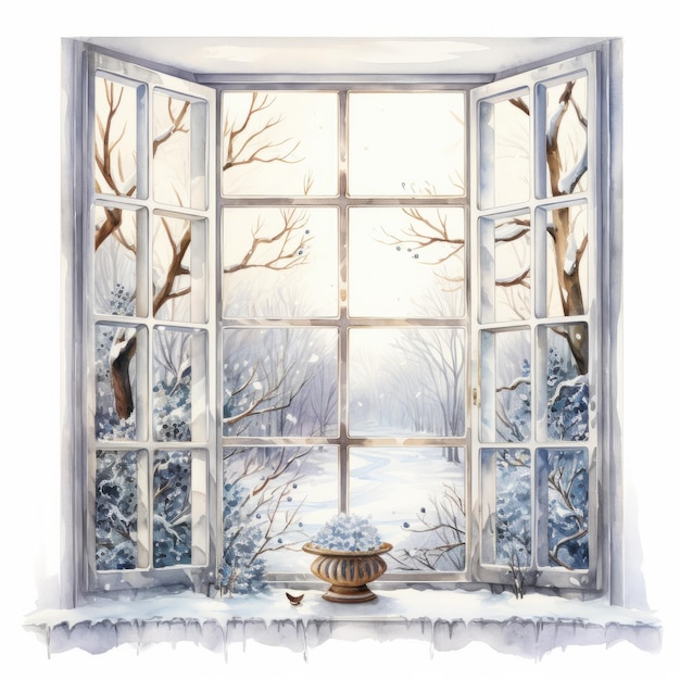 Fenster mit Winterlandschaft auf weißem Hintergrund