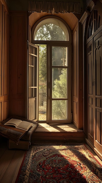 Fenster und Buch in einem Raum mit einer Holztür und einem Fenster