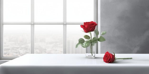 Fenster und rote Rosenblume auf dem Tisch mit Sonnenlicht-Kopierraum, verschwommener Hintergrund, AI generiert