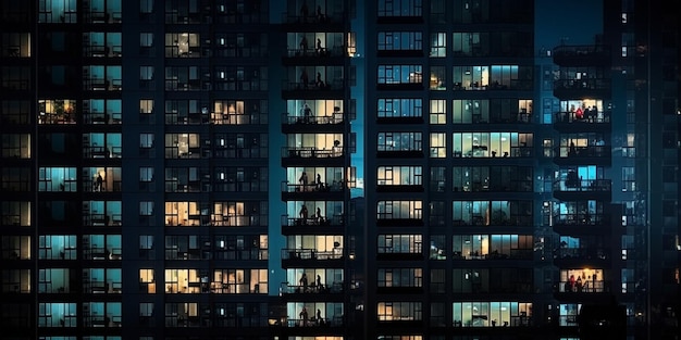 Fenster von nächtlichen Stadtgebäuden mit verschwommenem Licht und Silhouetten von Menschen