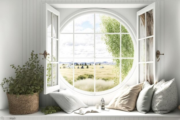 Fensteransicht einer Sommerzeitszene in einem weißen leeren Raum Skandinavischer Stil in der Dekoration
