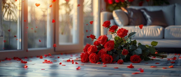 Fensterdekoration mit roten Rosen, Blumensträußen und Herzen zu Ehren des Valentinstags