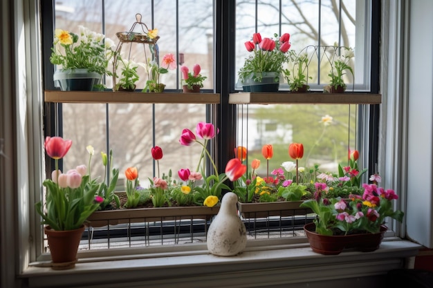 Fenstergarten mit blühenden Tulpen und Kolibri-Fütterung auf dem Balkon, erstellt mit generativer Ai