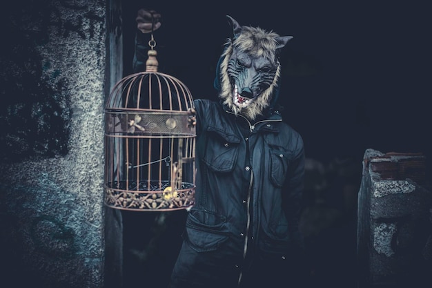 Feo, hombre con máscara de lobo y lámpara con humo de colores.