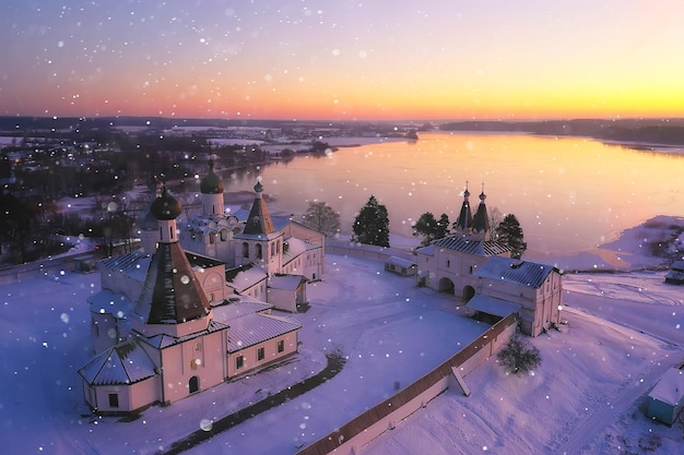 ferapontovo winterklosterlandschaft, draufsicht weihnachtsreligion architektur hintergrund