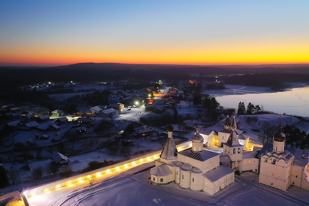 ferapontovo winterklosterlandschaft, draufsicht weihnachtsreligion architektur hintergrund