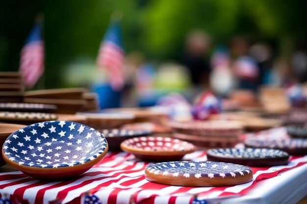 Feria de artesanía al aire libre que muestra artesanías patrióticas hechas a mano Día de la Independencia