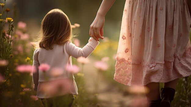 Feria del Día de la Madre una mujer sosteniendo la mano de un niño IA generativa