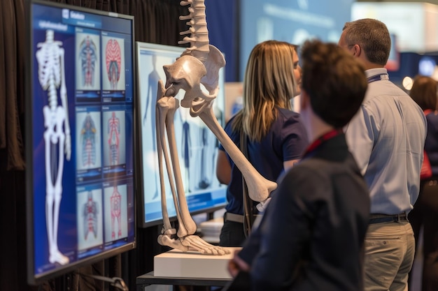 Foto feria educativa que muestra los últimos avances en el tratamiento del dolor en las piernas con modelos interactivos y sesiones de preguntas y respuestas de expertos