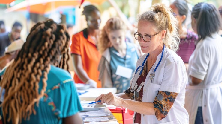 Una feria mundial de salud con personas que aprenden sobre varios servicios de salud
