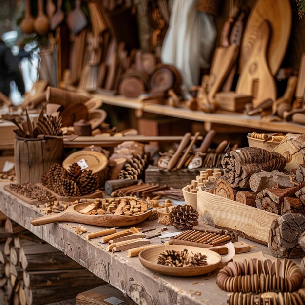 Feria tradicional de carpintería de Letonia Mesa de madera con cucharas