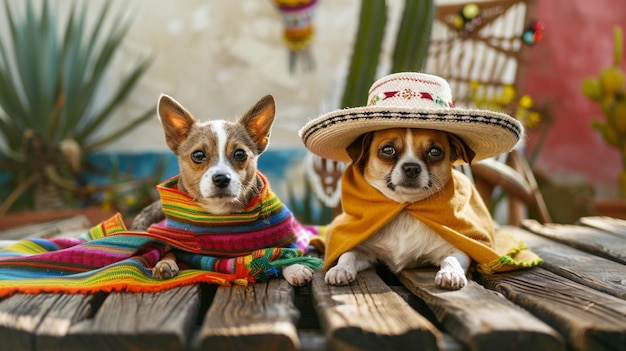 Foto feriado de cinco de mayo cães em roupas mexicanas