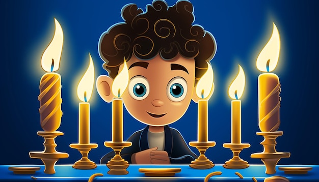 Feriado de Hanukkah Um menino lendo um livro em uma mesa uma manorá com nove velas estilo desenho animado