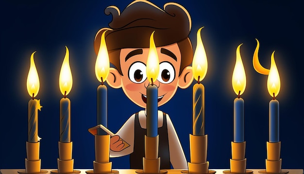 Foto feriado de hanukkah um menino lendo um livro em uma mesa uma manorá com nove velas estilo desenho animado