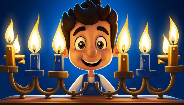 Foto feriado de hanukkah um menino lendo um livro em uma mesa uma manorá com nove velas estilo desenho animado