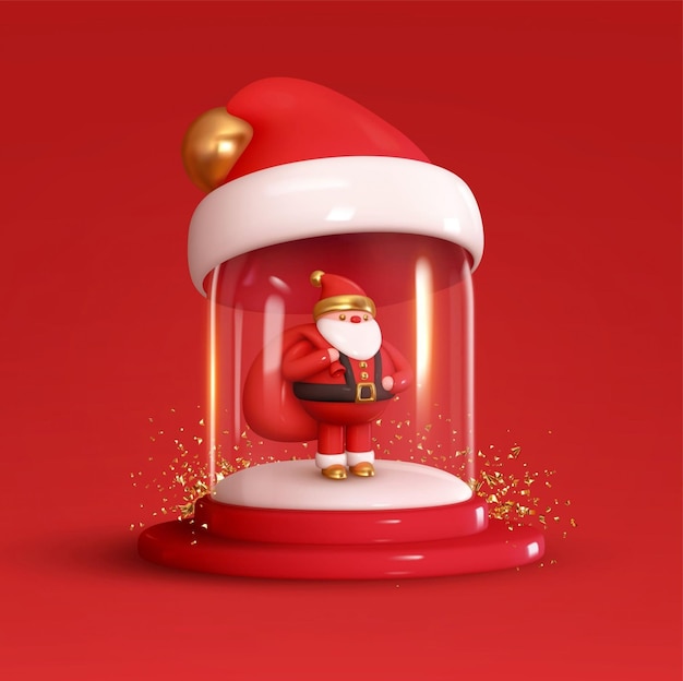 Feriado de Natal sob cúpula de vidro mágico Papai Noel com saco de presente com bola de neve branca Festivo ano novo composição realista de design 3d